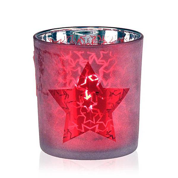 Telysglass rødt med stjerne, julepynt.