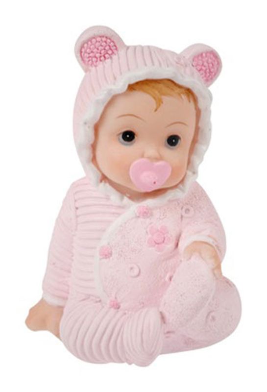 Bordpynt, sittende baby m/ smokk, rosa.