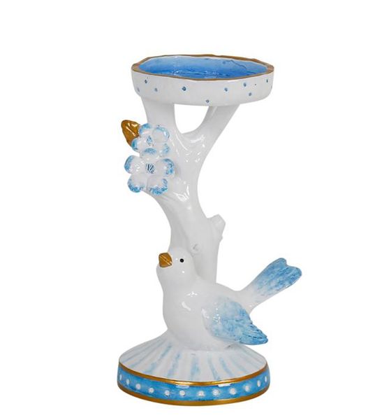 Kubbe lysestake, Retro, Hvit og med bl&aring; pynt.